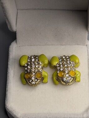 Vintage Gold Tone Rhinestone Frog Earrings Yellow GreenEnamel Sparkle Statement